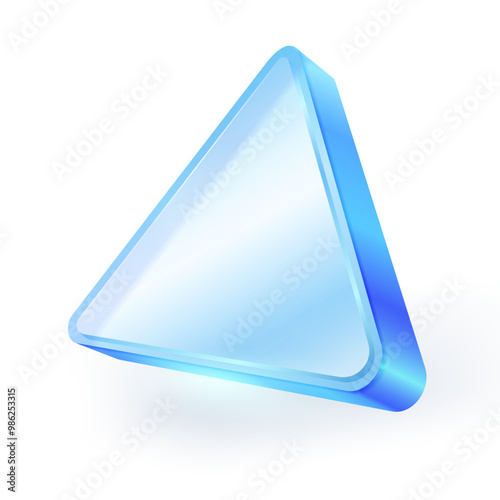 Triangle blue glass shape. Polygon glossy transparent element isolated on white background. 3D vector illustration file.