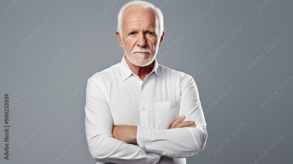 A dignified elderly man in a white shirt stands with his arms crossed ...