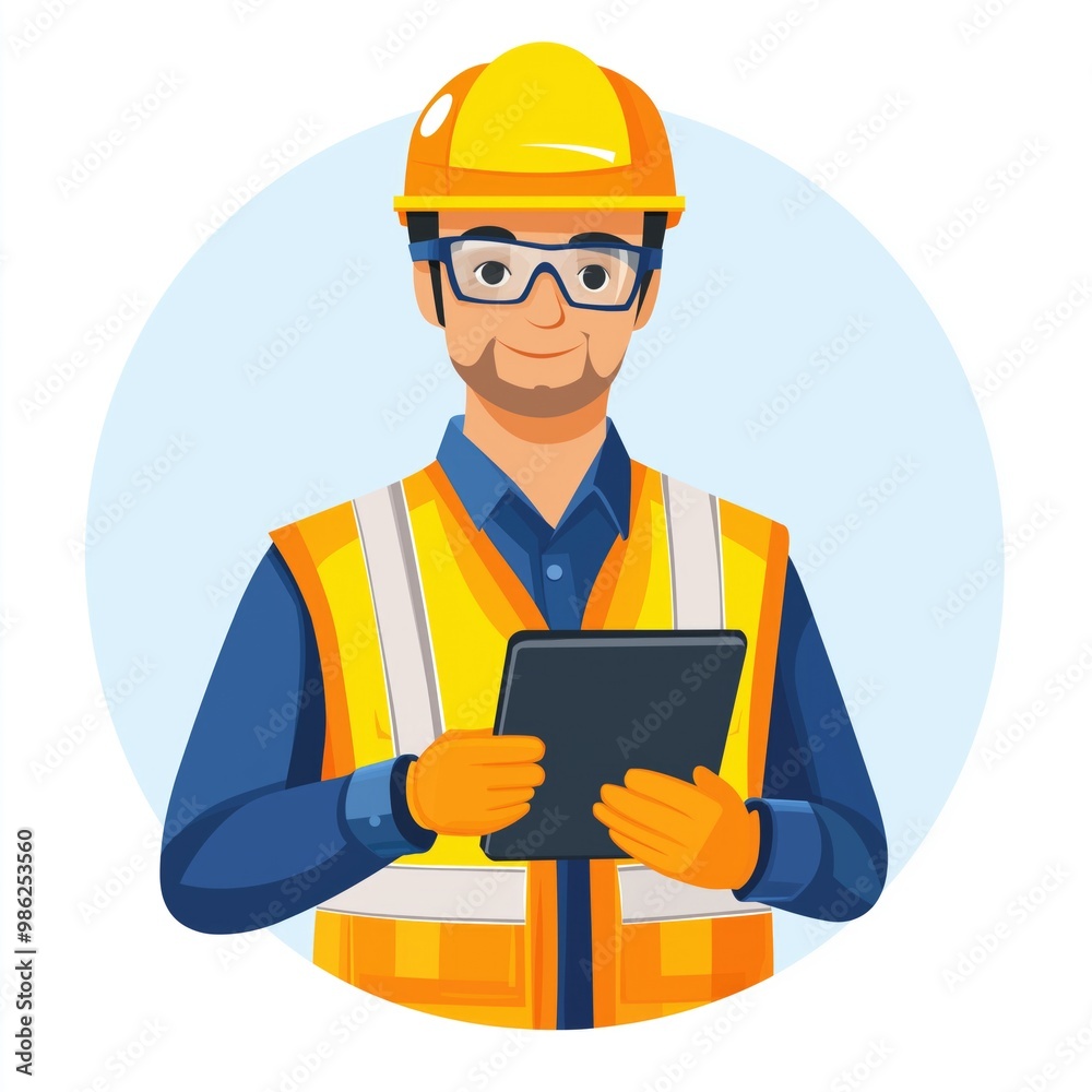 Safety engineer with tablet illustrated icon isolated on white wearing yellow and orange outfit and hard hat Safety engineer with tablet illustrated icon isolated on white wearing yellow and orange outfit and hard hat