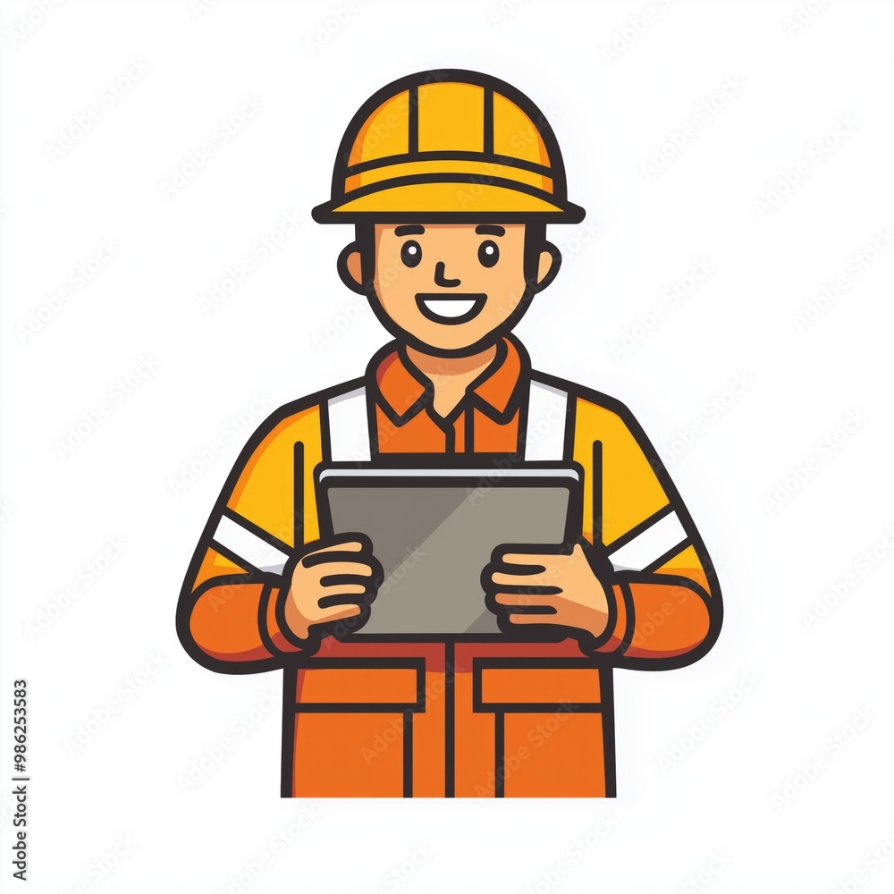 Safety engineer with tablet illustrated icon isolated on white wearing yellow and orange outfit and hard hat Safety engineer with tablet illustrated icon isolated on white wearing yellow and orange outfit and hard hat