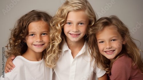 Three smiling girls with curly hair embrace each other, projecting happiness and friendship, against a simple backdrop.