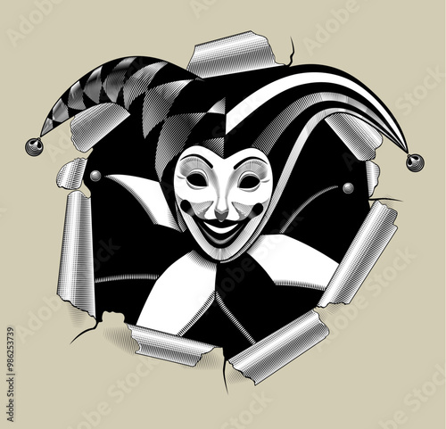 The head of the playing card Joker in retro style in a frame of torn paper. Drawing in vintage engraving and linear black and white style. Vector illustration