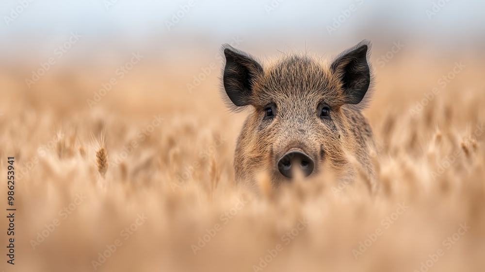 A wild boar's face emerges from a sea of golden dry grass, capturing the creature's curiosity and the serene, natural setting of the open field on a sunny day. A wild boar's face emerges from a sea of golden dry grass, capturing the creature's curiosity and the serene, natural setting of the open field on a sunny day.