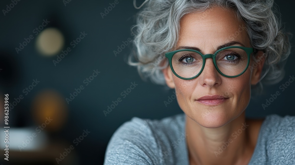 The image features a person with gray curly hair, wearing a gray sweater indoors. The serene setting and blurred background add to the calm vibe of this portrait.