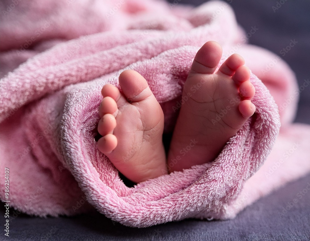 Baby's feet wrapped in a pink terry bath towel Baby's feet wrapped in a pink terry bath towel