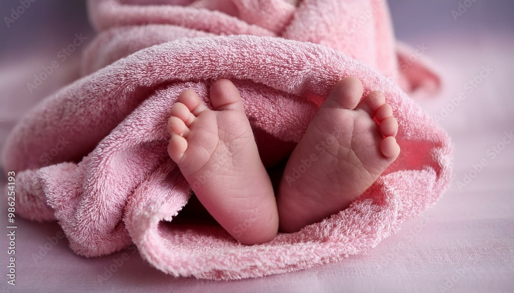 Baby's feet wrapped in a pink terry bath towel 