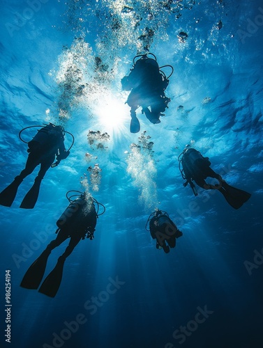 Wallpaper Mural Group of divers exploring underwater in vibrant blue ocean during daytime with sunlight filtering through the water Torontodigital.ca