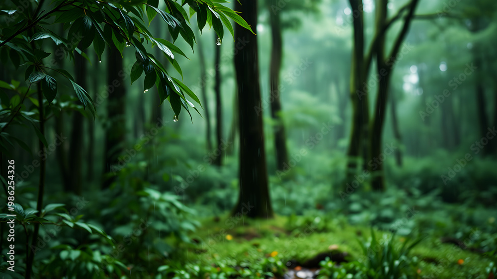 A lush green forest during a light rain shower, with raindrops dripping off leaves and creating small puddles on the forest floor. The scene is filled with earthy tones and a refreshing ambiance, high A lush green forest during a light rain shower, with raindrops dripping off leaves and creating small puddles on the forest floor. The scene is filled with earthy tones and a refreshing ambiance, high