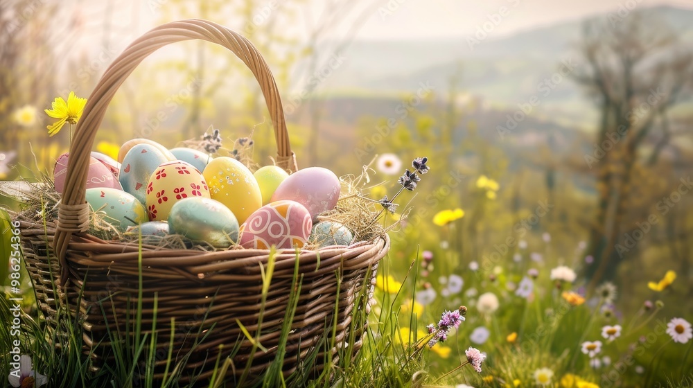 Vibrant Basket Overflowing with Colorful Easter Eggs in Grass. Vibrant Basket Overflowing with Colorful Easter Eggs in Grass.