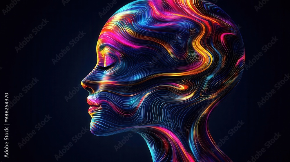 Vibrant abstract head silhouette showcasing colorful swirls and patterns, symbolizing creativity and imagination in a dark background. Vibrant abstract head silhouette showcasing colorful swirls and patterns, symbolizing creativity and imagination in a dark background.