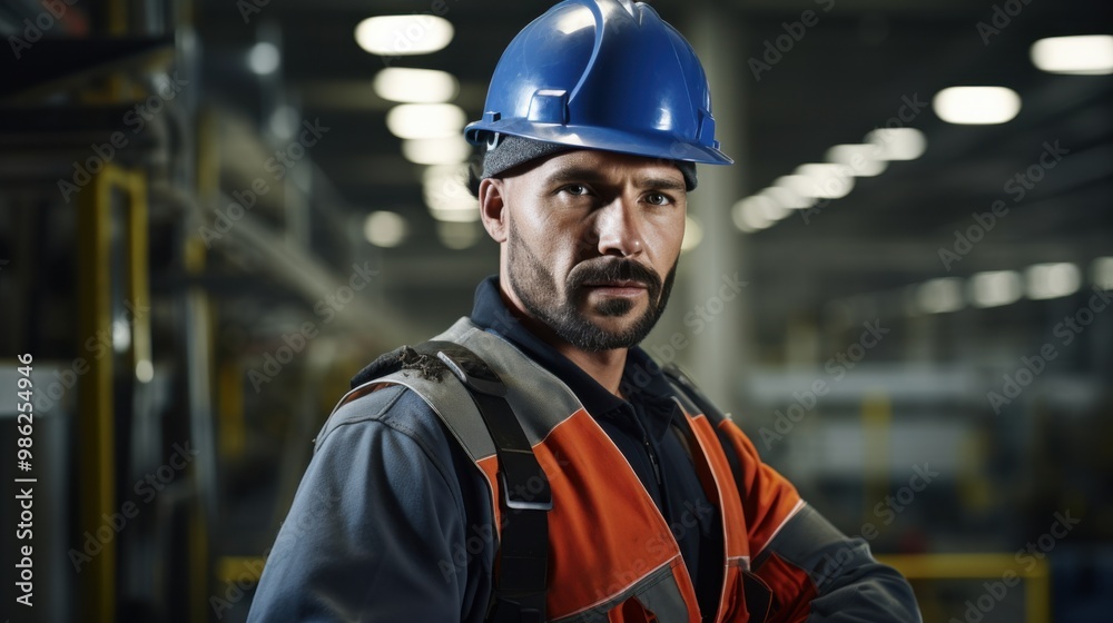 A focused construction worker in a helmet and safety vest, standing in an industrial setting, embodies strength, diligence, and precision in his trade. A focused construction worker in a helmet and safety vest, standing in an industrial setting, embodies strength, diligence, and precision in his trade.