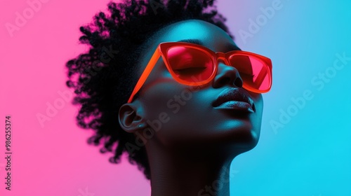 A dynamic image showcasing a person adorned with bright orange glasses, captured in an artistic side view, illuminated by vibrant neon pink and blue lighting creating a striking effect.