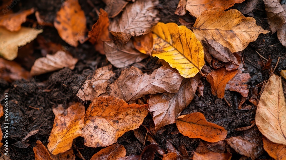 A vibrant collection of orange, yellow, and brown autumn leaves scattered on the forest ground, highlighting the beauty of the fall season in nature's palette. A vibrant collection of orange, yellow, and brown autumn leaves scattered on the forest ground, highlighting the beauty of the fall season in nature's palette.