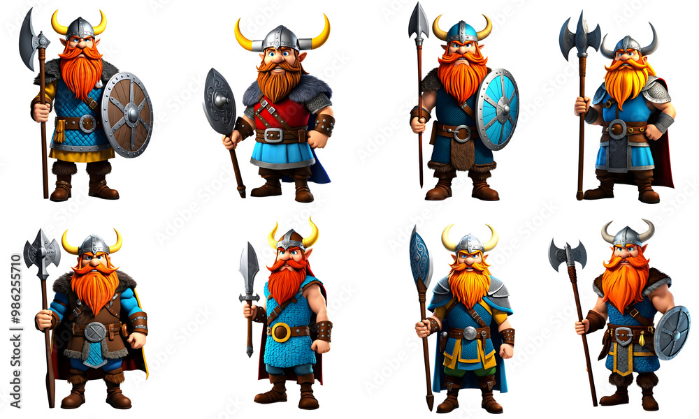 Illustration set of Viking Cartoon with bold colors standing against. 3D illustration. White background