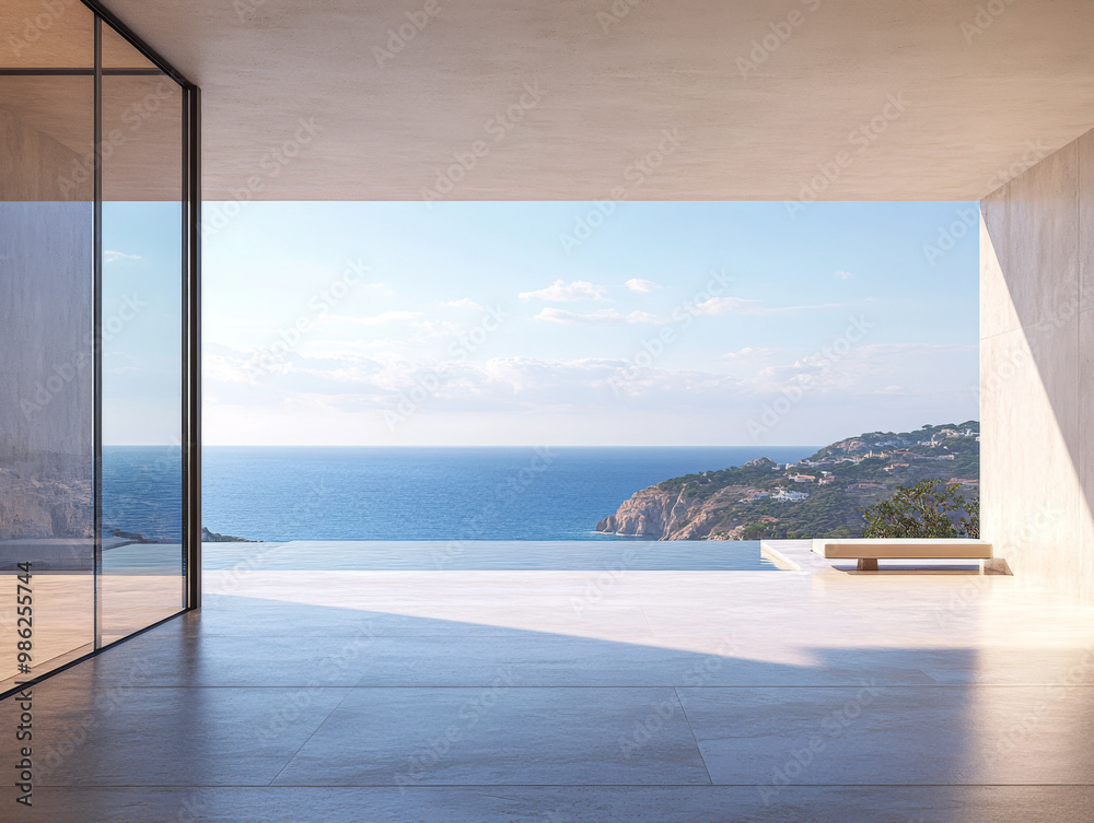 Fototapeta premium Modern coastal home interior overlooking the serene ocean view on a clear sunny day