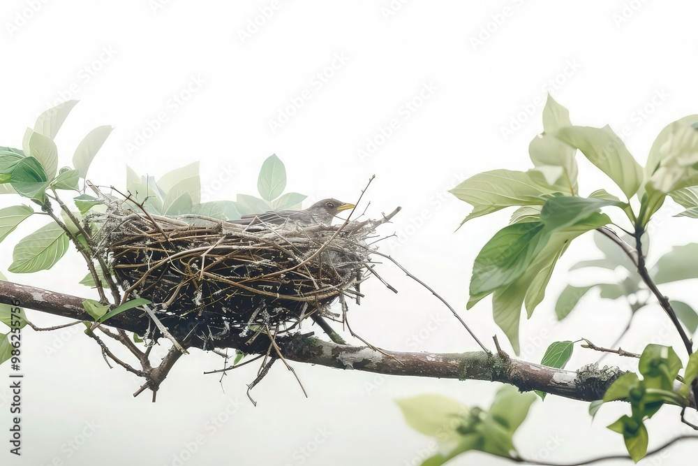 An atmospheric image of a lone empty bird's nest sitting on a branch during a misty morning, the moisture in the air accentuating the greenery of the leaves. isolated on white background. An atmospheric image of a lone empty bird's nest sitting on a branch during a misty morning, the moisture in the air accentuating the greenery of the leaves. isolated on white background.