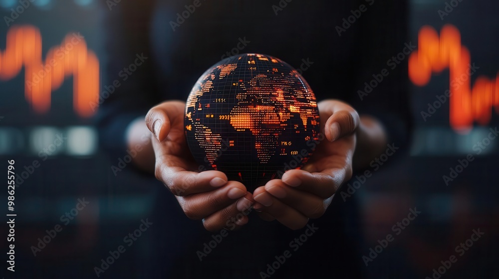 Fototapeta premium Hands holding a digital globe surrounded by stock symbols, global finance, stock market