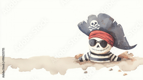 A pirate-themed Halloween costume with a tricorne hat, eyepatch, and striped shirt, done in rich watercolor tones
