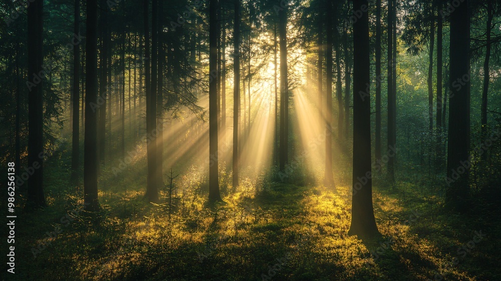 Naklejka premium Sunbeams Shining Through the Trees in a Foggy Forest