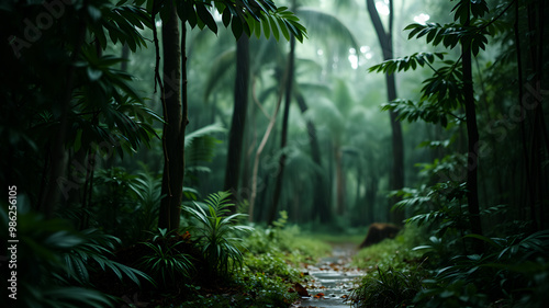 A lush green forest during a light rain shower, with raindrops dripping off leaves and creating small puddles on the forest floor. The scene is filled with earthy tones and a refreshing ambiance, high