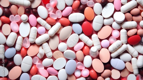 A colorful assortment of various pills and tablets creates a visually striking pattern of medication options and pharmaceutical diversity.