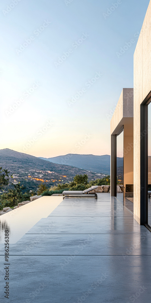 Naklejka premium Modern villa overlooking serene mountains at dawn with tranquil outdoor space reflecting peaceful lifestyle