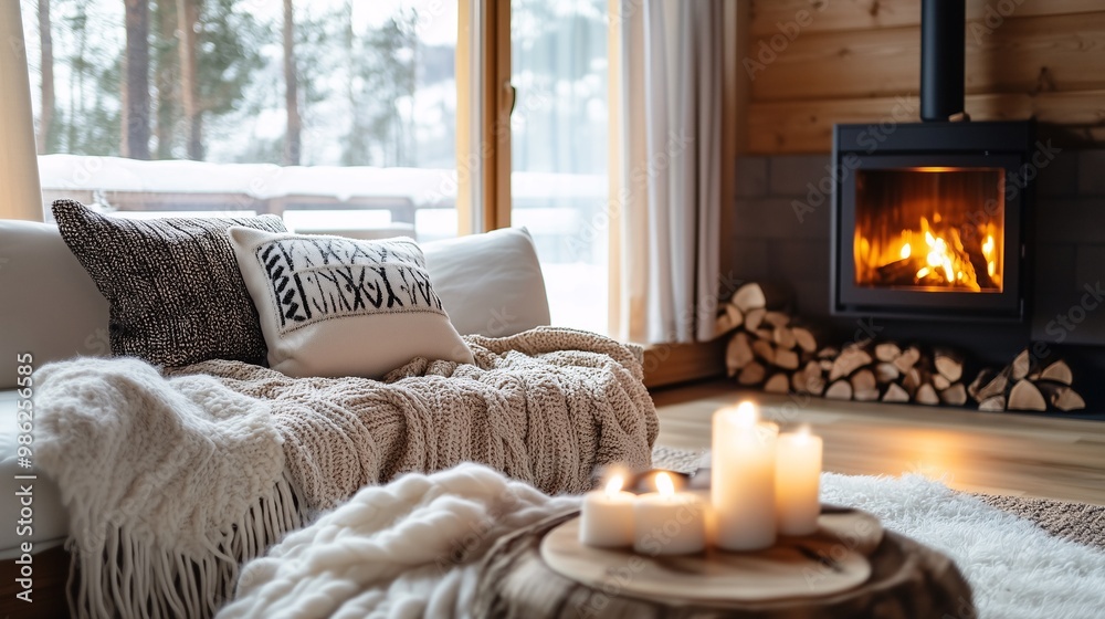Fototapeta premium cozy living room with fireplace in winter season with snow outside