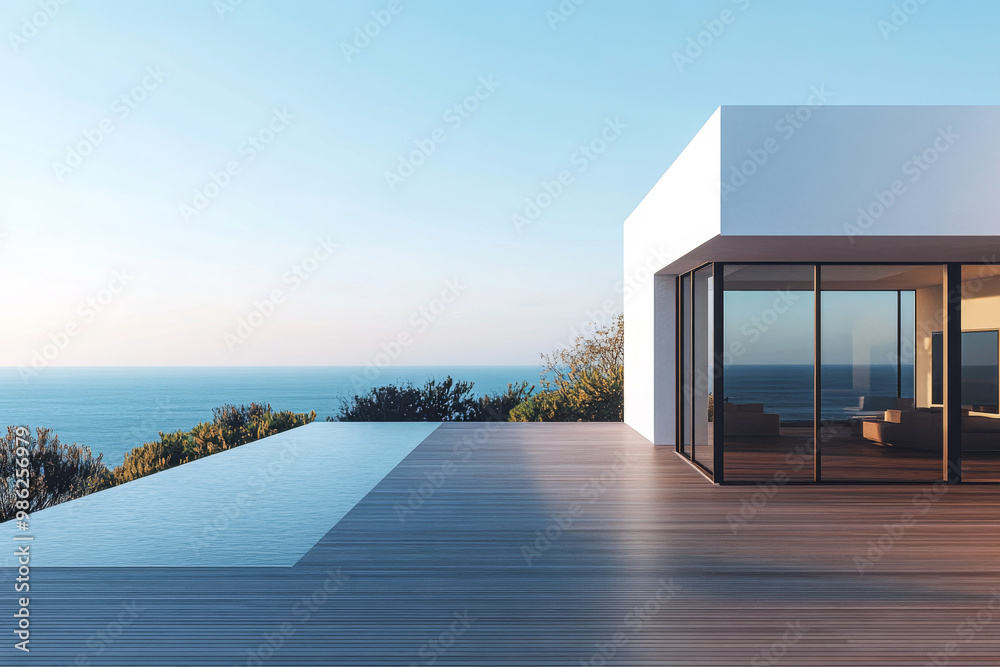 Modern minimalist house with infinity pool overlooking the ocean during sunset in a serene coastal location