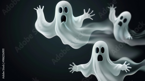 Halloween ghost and boo spirits on a black background. Halloween flying ghosts with scary faces. Place for text.