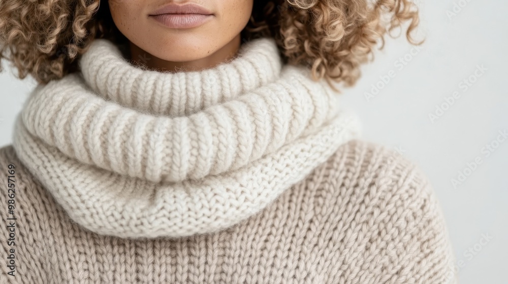 A close-up of a woman wearing a beige knit sweater with a turtleneck collar, highlighting her curly hair and the intricate knitting pattern, evoking a sense of warmth and comfort. A close-up of a woman wearing a beige knit sweater with a turtleneck collar, highlighting her curly hair and the intricate knitting pattern, evoking a sense of warmth and comfort.
