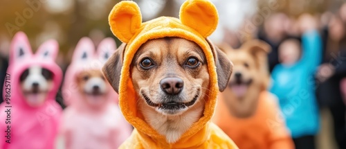 A cheerful dog in an orange bear costume stands out in a playful pet costume event.