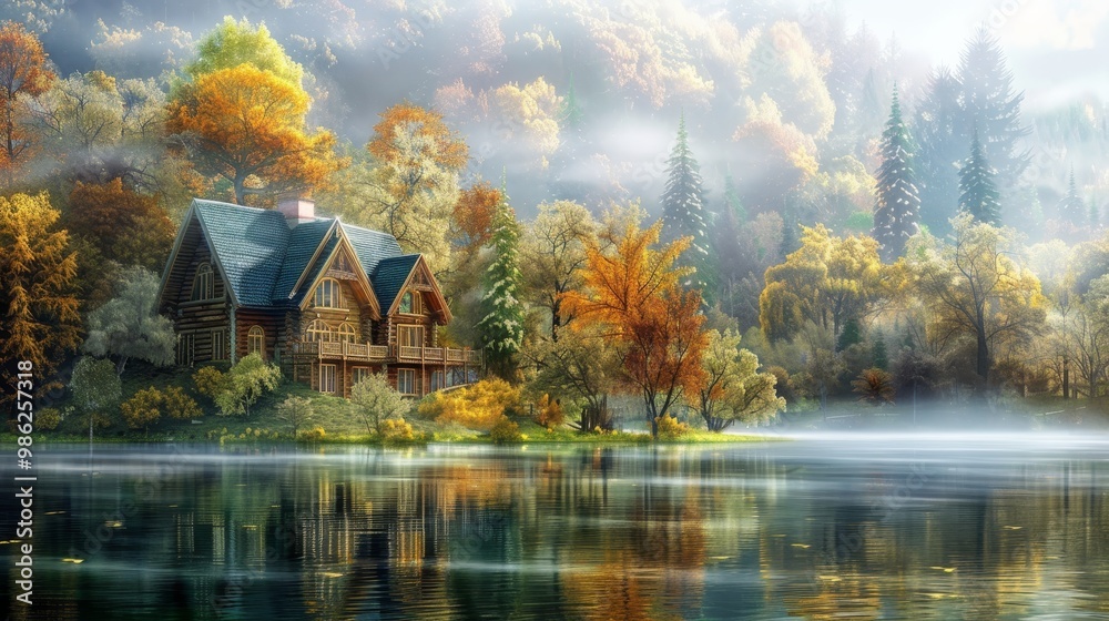 Beautiful Wooden House by Emerald Green Lake Surrounded by Forests.