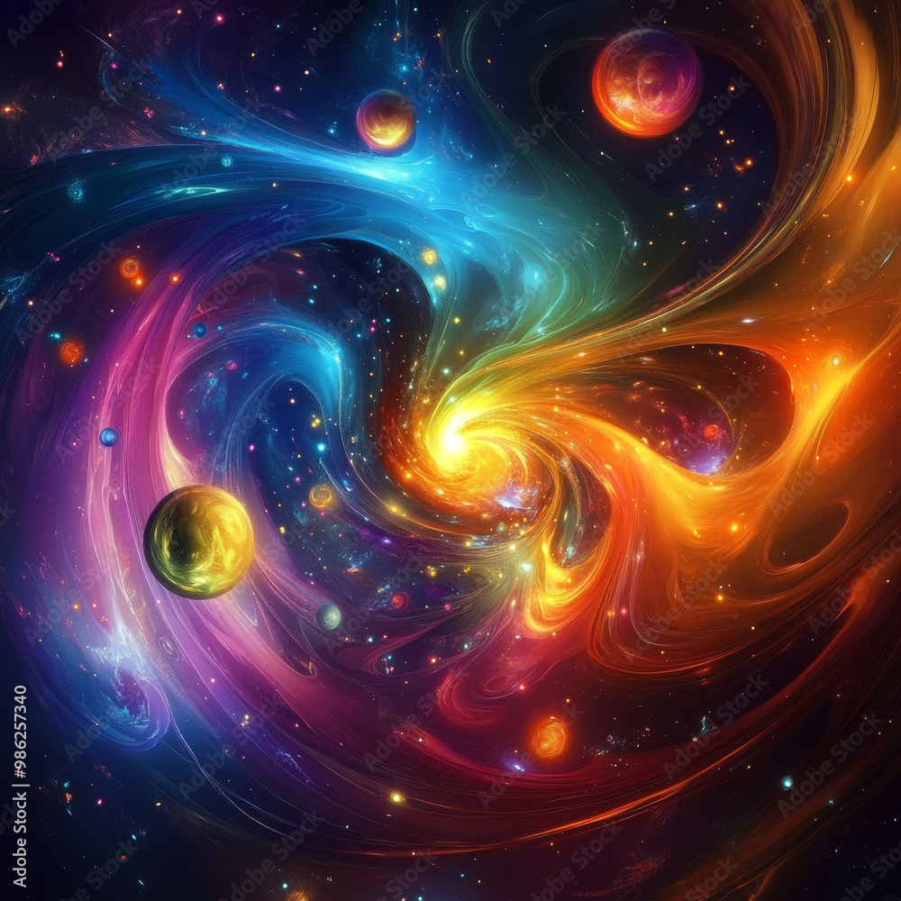 A vibrant abstract universe with swirling colors, planets, and stars creates mesmerizing cosmic scene. dynamic interplay of light and color evokes sense of wonder and exploration A vibrant abstract universe with swirling colors, planets, and stars creates mesmerizing cosmic scene. dynamic interplay of light and color evokes sense of wonder and exploration
