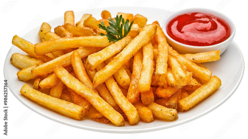 Plate of crispy French fries isolated on transparent background, PNG file, golden and delicious Plate of crispy French fries isolated on transparent background, PNG file, golden and delicious