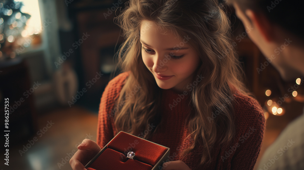 A young girl smiles while admiring a gifted ring in a box, sitting in a cozy room with soft lighting A young girl smiles while admiring a gifted ring in a box, sitting in a cozy room with soft lighting