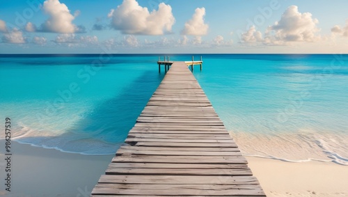 Tranquil landscape photograph of a weathered wooden pier extending into a calm turquoise ocean, pristine sandy beach, serene atmosphere, generative ai