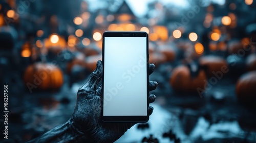 A creepy zombie hand grips a smartphone in a dimly lit pumpkin field, capturing the eerie essence of a Halloween night with glowing pumpkins in the background.