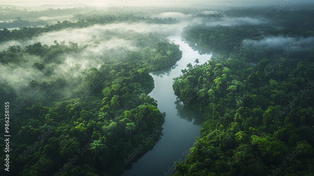 Aerial View of River Winding Through Lush Green Rainforest with Morning Mist