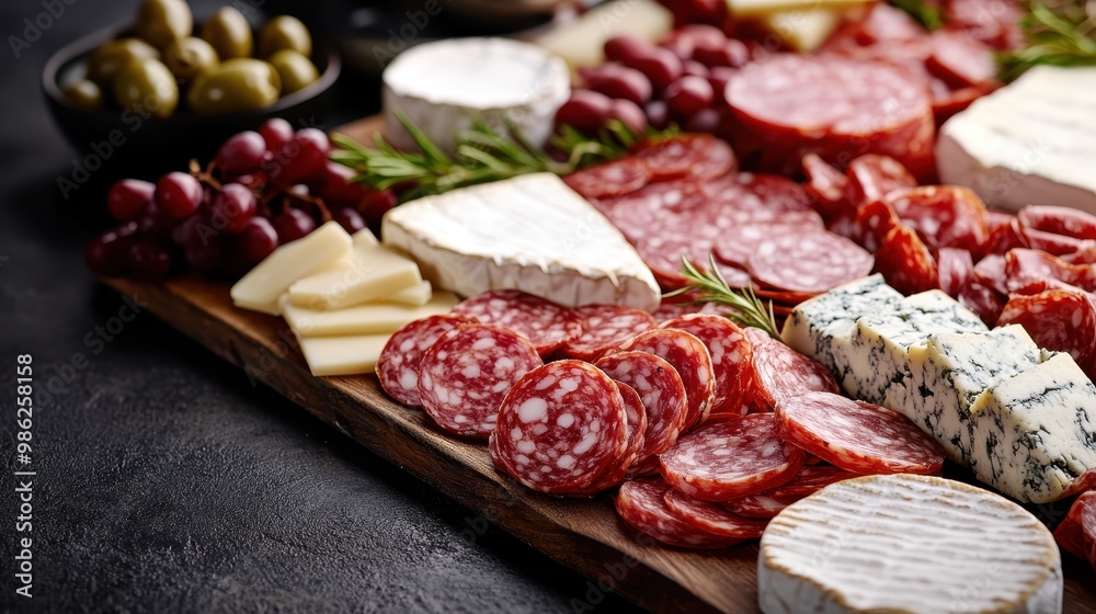 A gourmet charcuterie board showcasing an exquisite mix of cheeses and meats including brie, salami, and gouda, complemented by grapes, olives, and rosemary, for a luxury dining experience. A gourmet charcuterie board showcasing an exquisite mix of cheeses and meats including brie, salami, and gouda, complemented by grapes, olives, and rosemary, for a luxury dining experience.