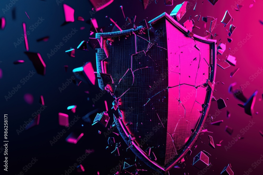 A dynamic shield breaking apart, set against a vibrant pink and blue background, symbolizing strength and resilience. A dynamic shield breaking apart, set against a vibrant pink and blue background, symbolizing strength and resilience.