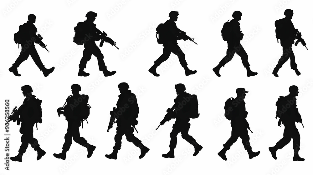 Silhouettes of US soldiers. Silhouettes to represent soldiers. Silhouettes of US soldiers. Silhouettes to represent soldiers.