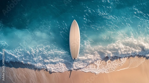 Top View of White Surfboard in The Beach and Blue Water Sea photo