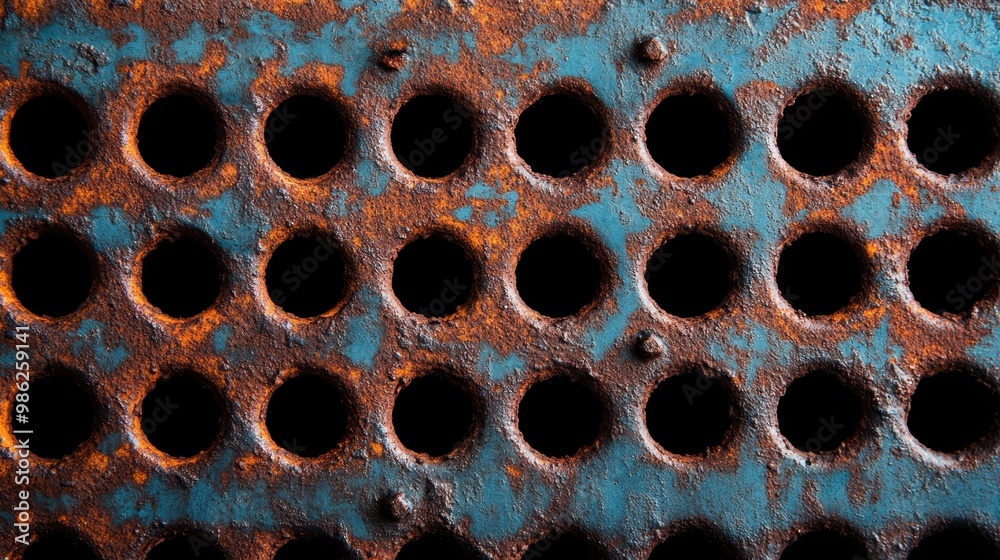 A close-up photograph of a rusted metal grid plate featuring evenly spaced circular holes, highlighting the textures and patterns created by rust and decay over time. A close-up photograph of a rusted metal grid plate featuring evenly spaced circular holes, highlighting the textures and patterns created by rust and decay over time.