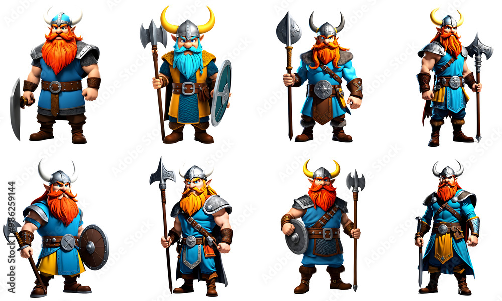 Fototapeta premium Illustration set of Viking Cartoon with bold colors standing against. 3D illustration. White background