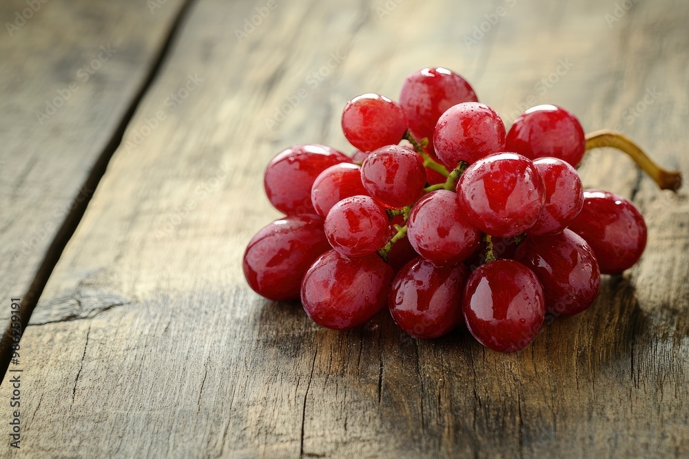 Red Grapes on a wooden background. A cluster of ripe fresh grapes on a wooden table. with generative ai