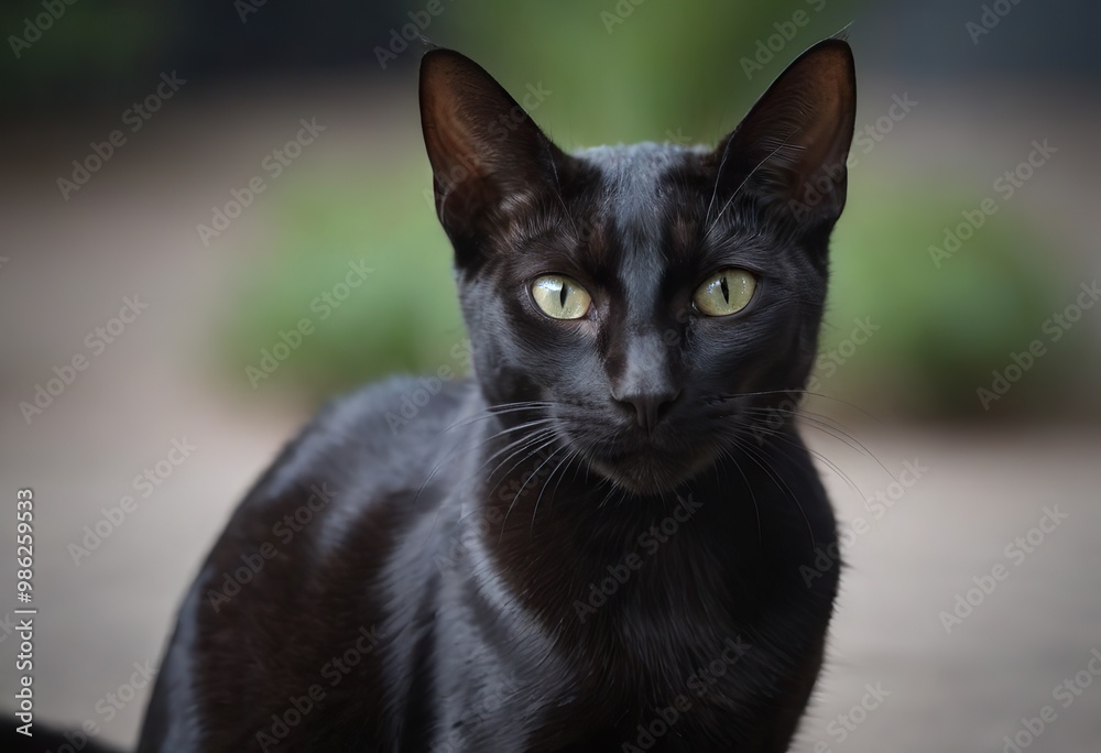 A sleek, black cat with striking yellow eyes is standing on a stone ledge A sleek, black cat with striking yellow eyes is standing on a stone ledge