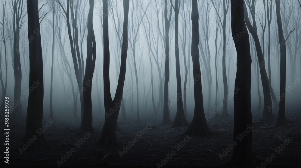 Obraz premium horror foggy mystery forest at night time, scary scene