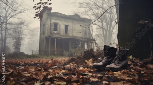 An eerie, abandoned house shrouded in mist with a pair of boots left on the muddy ground, exuding mystery and haunting beauty. photo