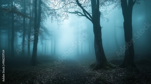Fototapeta Naklejka Na Ścianę i Meble -  horror foggy mystery forest at night time, scary scene