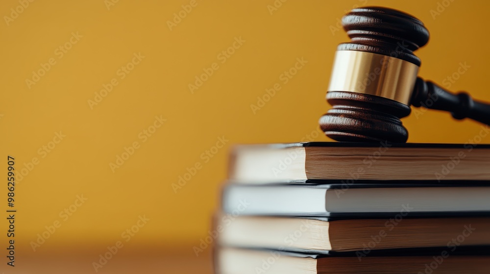 Close-up view of a justice gavel balanced on a stack of books with a plain yellow background, conveying themes of legality, judiciary, and educational study spaces. Close-up view of a justice gavel balanced on a stack of books with a plain yellow background, conveying themes of legality, judiciary, and educational study spaces.